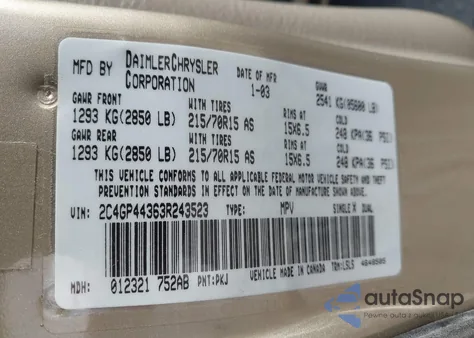 2003 Chrysler Town & Country Lx z USA, uszkodzony, nr VIN 2C4GP44363R243523